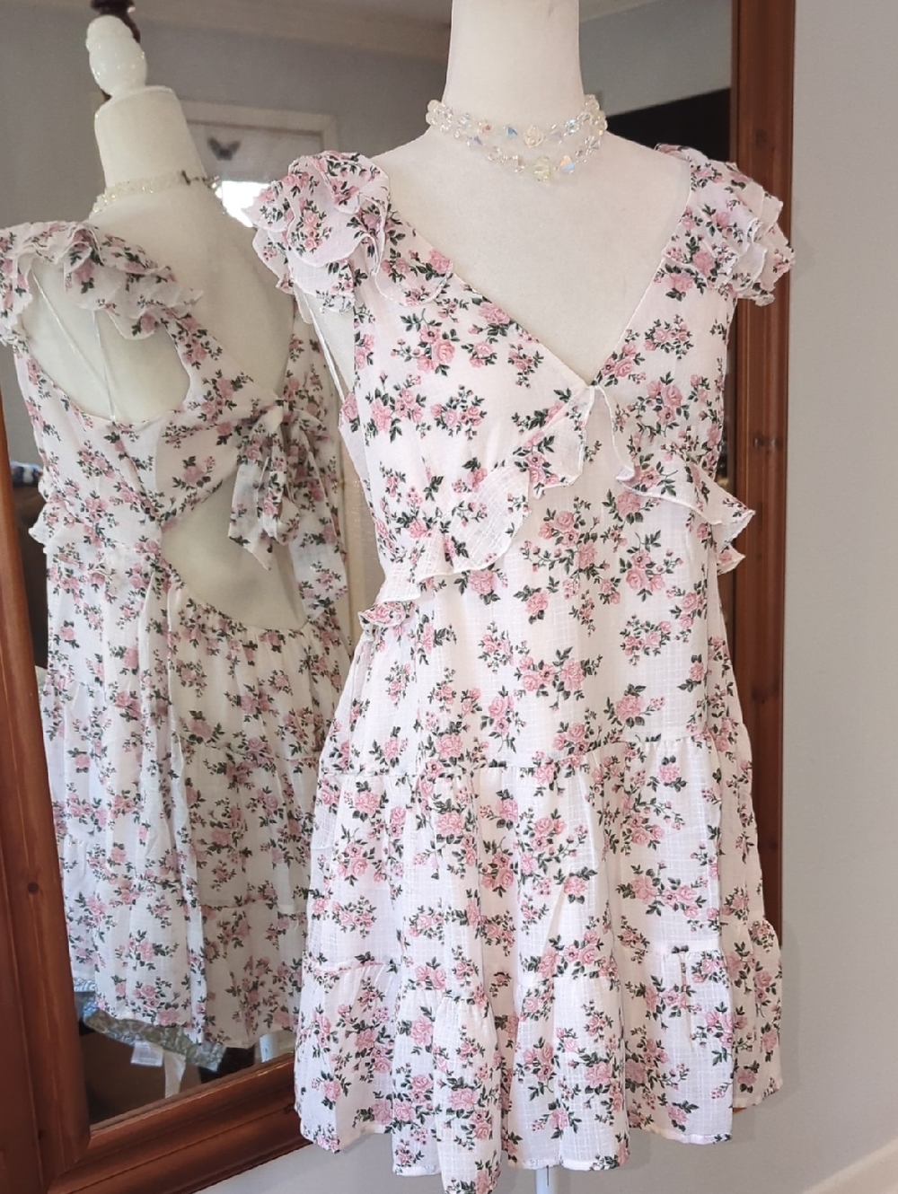Francesca's Pink and White Floral Ruffle Sundress